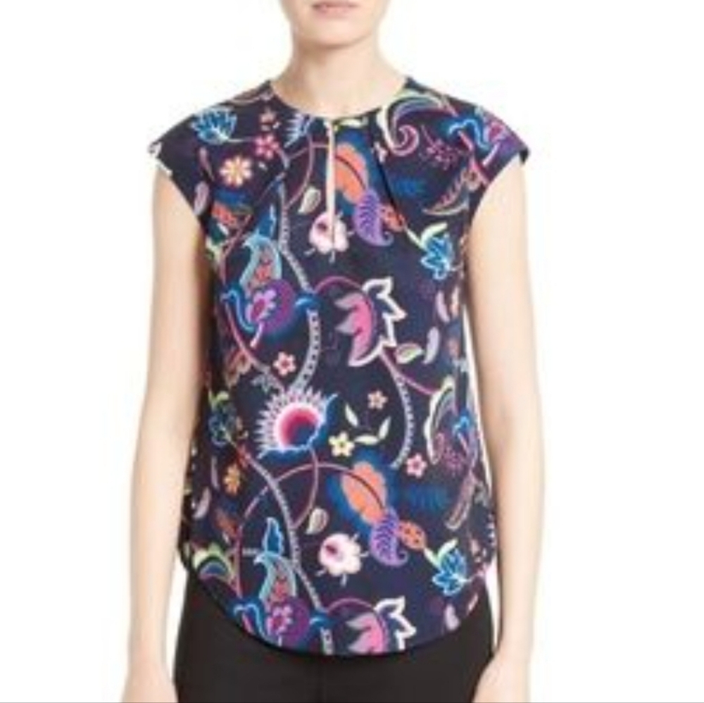 Ted Baker London Noii Navy Blue Folk Foliage Print Keyhole Blouse Top Size 1